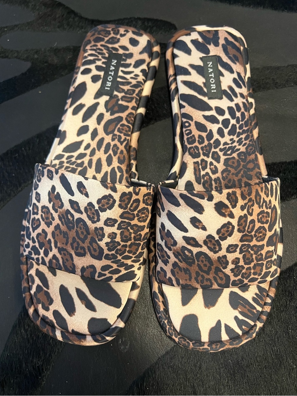 Natori Leopard-Print Slide Sandals in Brown and Black
